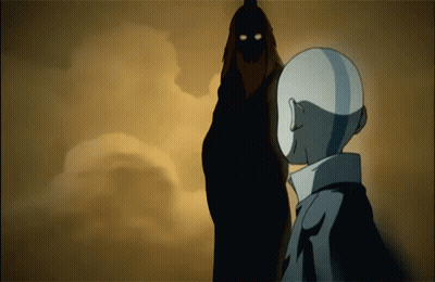 Cartoon Character Next To Shadowy Figure With Glowing Eyes GIF