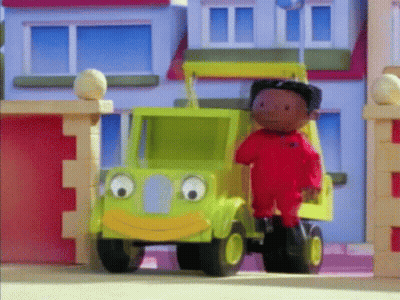 Cartoon Character Next To Toy Truck GIF