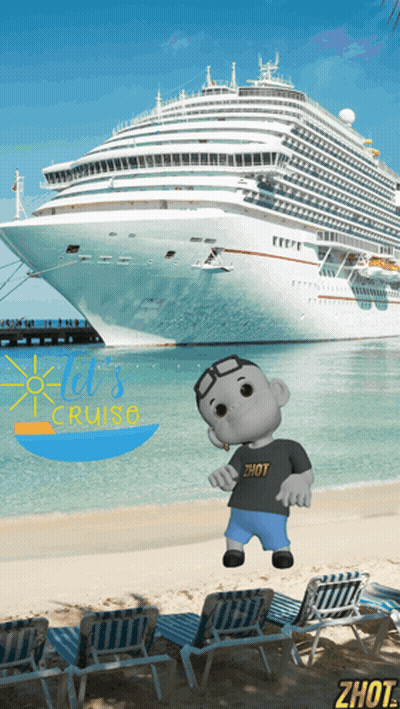 Cartoon Character On Beach In Front Of Cruise Ship GIF