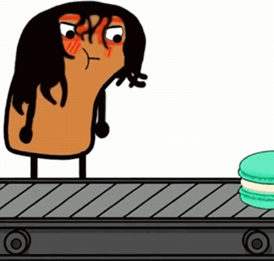 Cartoon Character On Conveyor Belt Next To Macaroons GIF