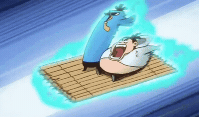Cartoon Character On Raft With Blue Monster GIF