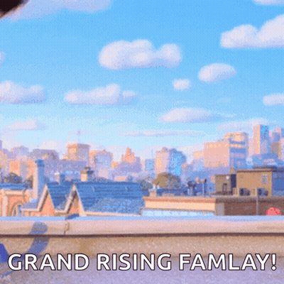 Cartoon Character on Roof Saying Grand Rising Famlay