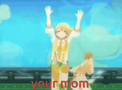 Cartoon Character On Stage With Hands Up Your Mom GIF