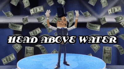 Cartoon Character On Stage With Money Falling And Head Above Water GIF