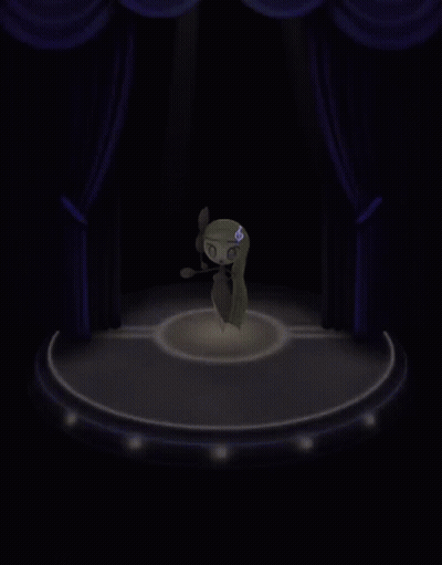 Cartoon Character On Stage With Purple Curtains GIF