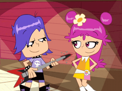 Cartoon Character Playing Guitar Next To Another GIF