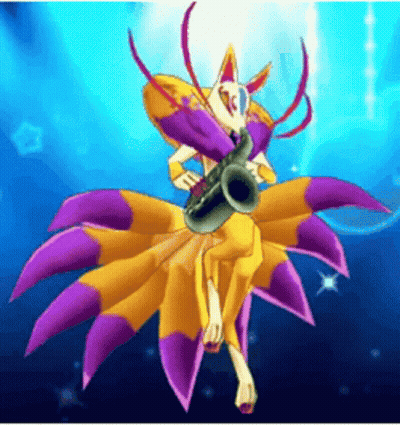 Cartoon Character Playing Saxophone With Purple and Yellow Wings