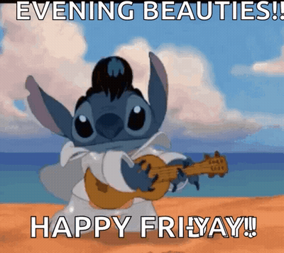 Cartoon Character Playing Ukulele On Beach Saying Evening Beauties Happy Friday GIF