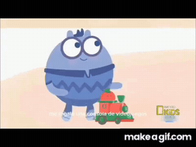 Cartoon Character Playing With Toy Train Saying Make A Gif.com GIF