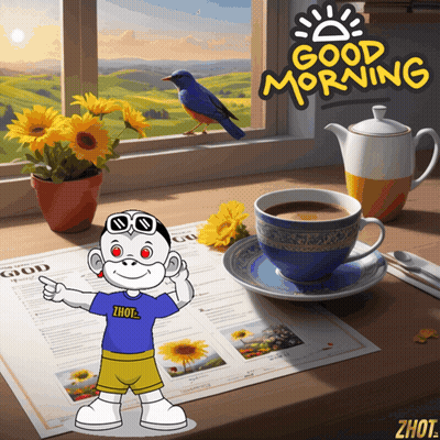 Cartoon Character Pointing At Coffee And Newspaper Saying Good Morning GIF