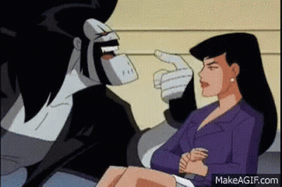 Cartoon Character Pointing At Woman In Purple Dress GIF
