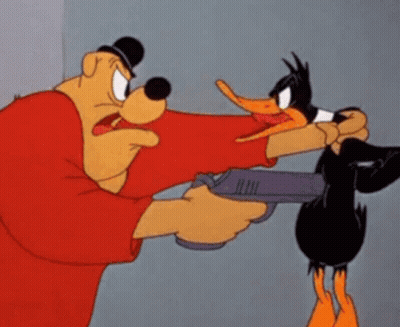 Cartoon Character Pointing Gun At Another GIF