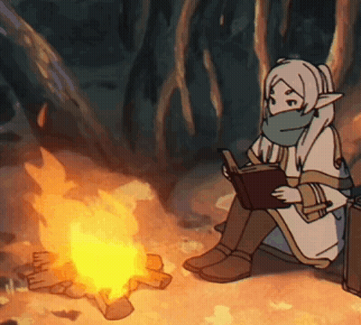 Cartoon Character Reading Book Beside Fire GIF