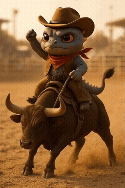Cartoon Character Riding Bull With Cowboy Hat And Scarf GIF