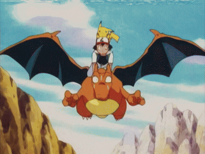 Cartoon Character Riding Dragon With Pikachu On Head GIF