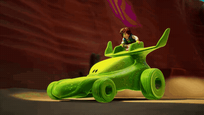 Cartoon Character Riding Green Vehicle GIF