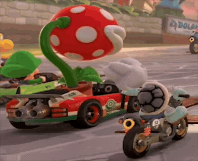 Cartoon Character Riding Motorcycle Beside Car With Plant GIF