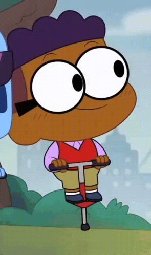 Cartoon Character Riding Pogo Stick With Big Eyes GIF