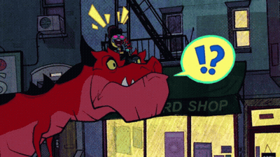 Cartoon Character Riding Red Dinosaur GIF