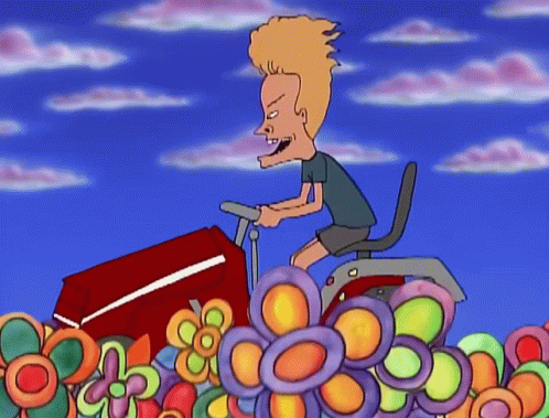 Cartoon Character Riding Red Lawn Mower Through Flowers GIF