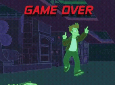 Cartoon Character Running In Front Of Game Over Sign GIF