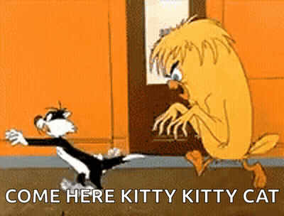 Cartoon Character Saying Come Here Kitty Kitty Cat In Front Of Door GIF