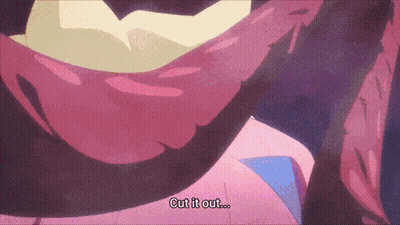 Cartoon Character Saying Cut It Out On Purple And Pink Background GIF