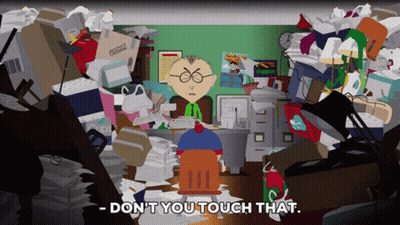 Cartoon Character Saying Don't You Touch That In Messy Office GIF