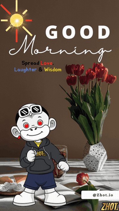 Cartoon Character Saying Good Morning Next To Vase Of Flowers GIF