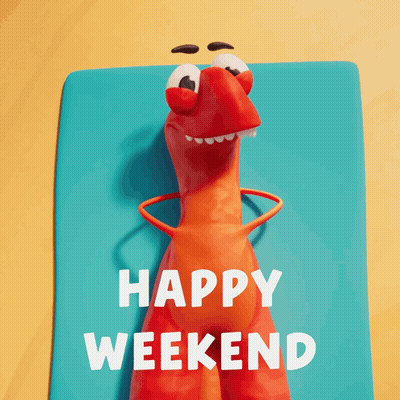 Cartoon Character Saying Happy Weekend Blue Mat GIF