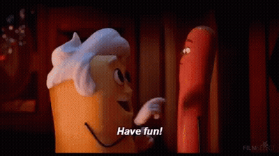 Cartoon Character Saying Have Fun Next To Sausage GIF