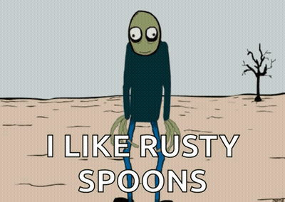 Cartoon Character Saying Hello I Like Rusty Spoons GIF