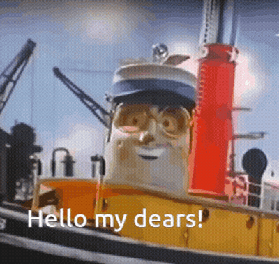 Cartoon Character Saying Hello My Dears In Front Of Boat GIF