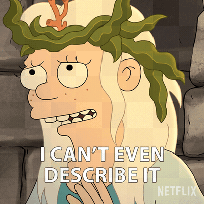 Cartoon Character Saying I Can't Even Describe It With Leaf Crown GIF