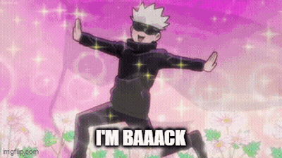 Cartoon Character Saying I'm Baack On Pink Background GIF