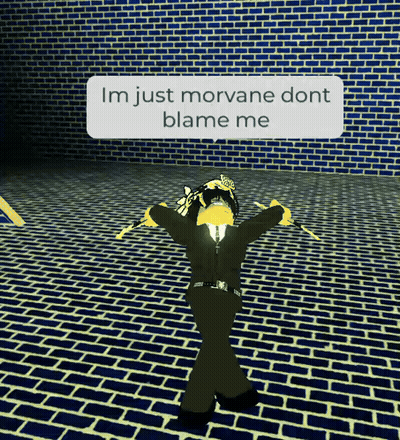 Cartoon Character Saying I'm Just Morvane Don't Blame Me In Front Of Brick Wall GIF
