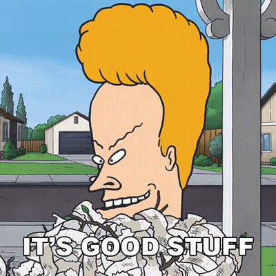 Cartoon Character Saying It's Good Stuff In Front Of Paper Pile GIF