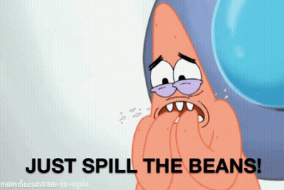 Cartoon Character Saying Just Spill The Beans Holding Nose GIF