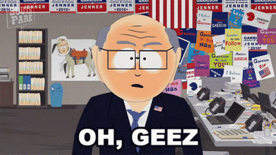 Cartoon Character Saying Oh Geez In Front Of Political Posters GIF