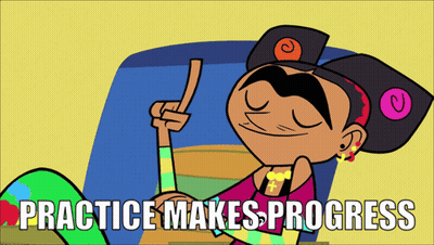 Cartoon Character Saying Practice Makes Progress GIF