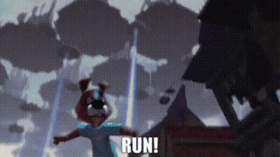Cartoon Character Saying Run In Front Of Monster GIF