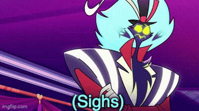 Cartoon Character Saying Sighs On Purple Background GIF