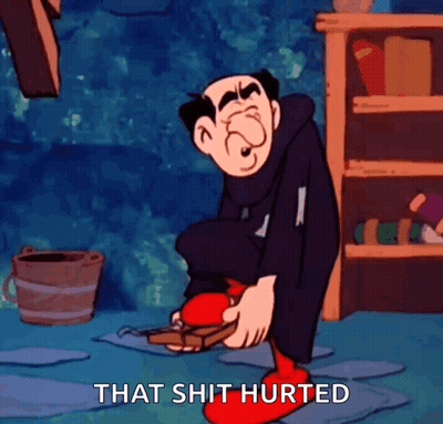 Cartoon Character Saying That Shit Hurted Holding Red Shoes GIF