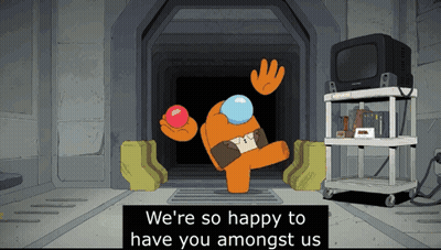 Cartoon Character Saying We're So Happy To Have You Amongst Us In Front Of TV GIF