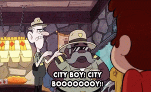 Cartoon Character Says City Boy City Boooooooy Next To Another Character GIF