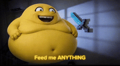 Cartoon Character Says Feed Me Anything While Holding Pixelated Sword GIF
