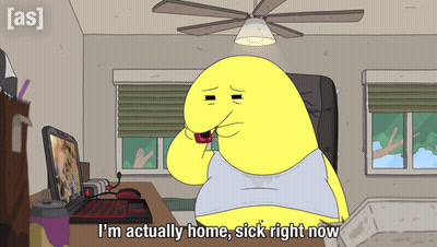 Cartoon Character Says I'm Actually Home Sick Right Now In Front Of Laptop GIF