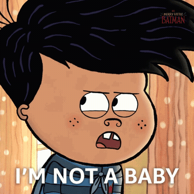 Cartoon Character Says I'm Not A Baby In Front Of Wooden Wall GIF