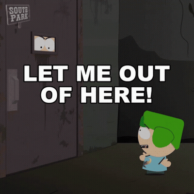 Cartoon Character Says Let Me Out Of Here In Front Of South Park Sign GIF
