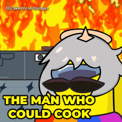 Cartoon Character Says The Man Who Could Cook On Yellow Background GIF